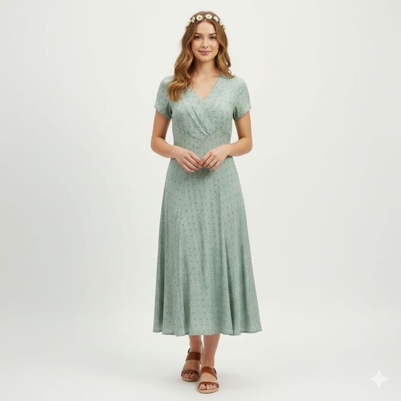 VTG April Cornell Green Floral Midi Dress Flutter Sleeve M Cottagecore Prairie - Picture 1 of 12